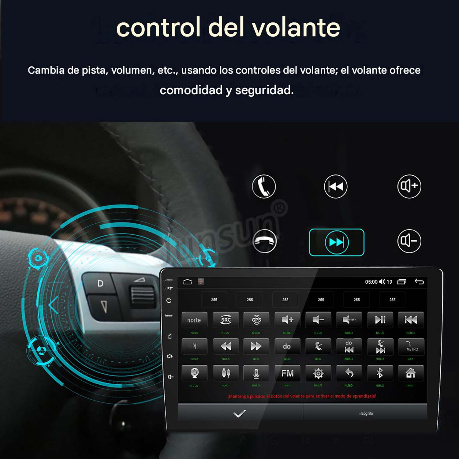 Control del volante para autorradio con botones para llamadas, volumen y multimedia.