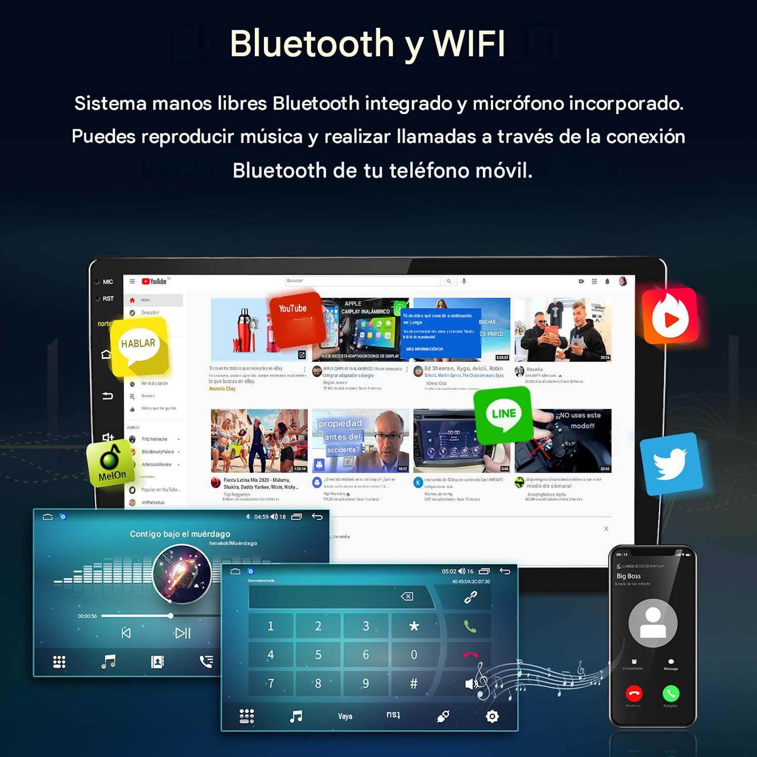 Pantalla de autorradio con funciones Bluetooth, música y llamadas, rodeada de iconos de aplicaciones.