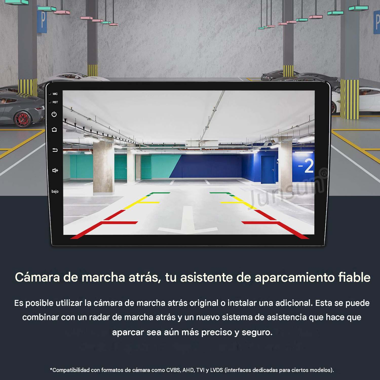 Una pantalla multimedia de auto muestra la cámara de visión trasera en un estacionamiento con líneas de guía.