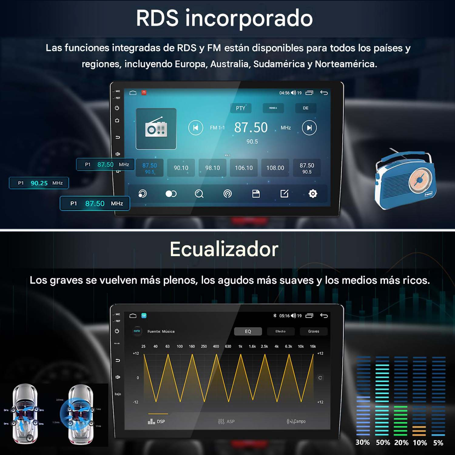 Pantalla de radio de coche con funciones RDS y un ecualizador gráfico.
