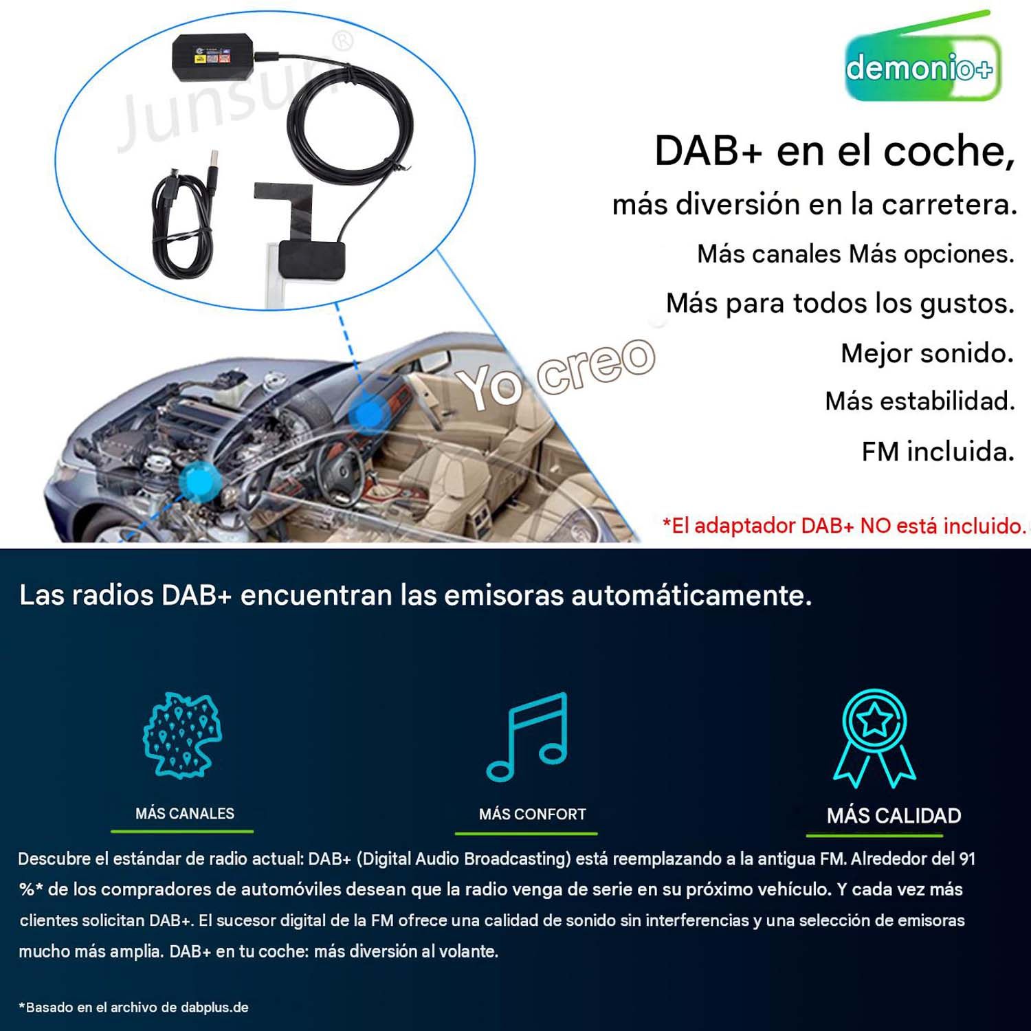 Imagen promocional de DAB+ para coche con piezas, gráfico de vehículo y texto en español sobre canales y calidad.