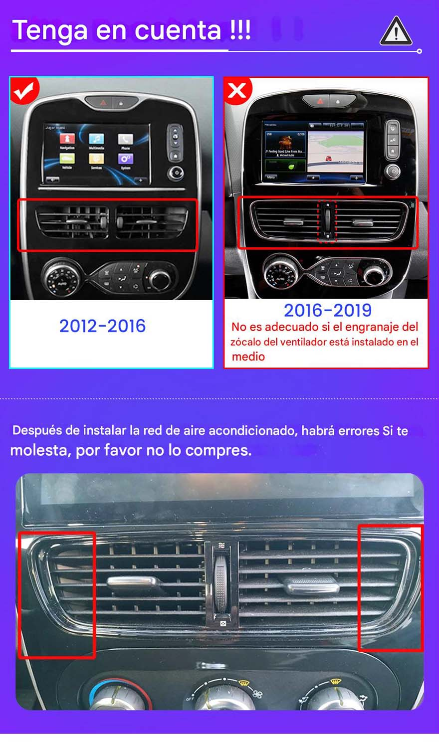 Comparación de interiores de autos con notas de compatibilidad de rejillas para modelos 2012-2019 y advertencias.