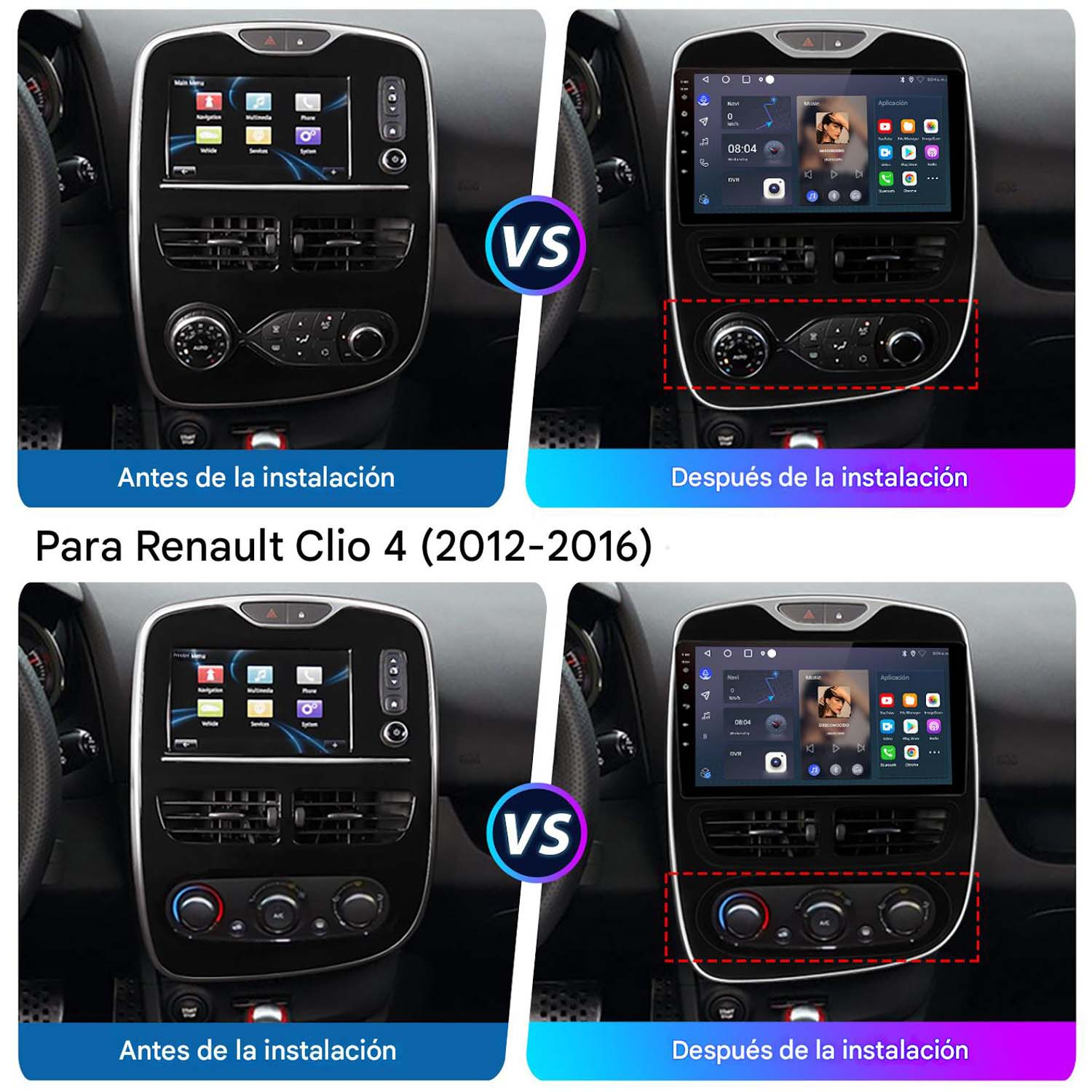Comparación de salpicaderos de coche antes y después de instalar una gran pantalla táctil para Renault Clio 4.