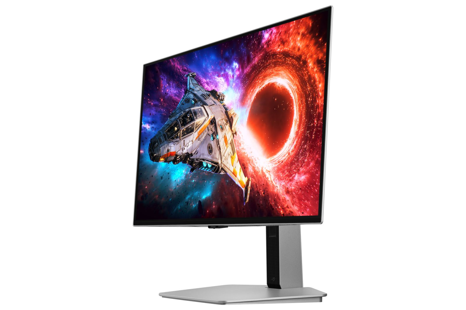 Un monitor da gioco luminoso su supporto grigio mostra una scena spaziale colorata con astronave e nebulosa.