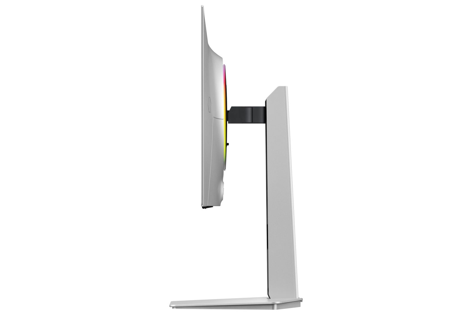 Vista laterale di un monitor d'argento su supporto, con profilo sottile e anello luminoso colorato sul retro.