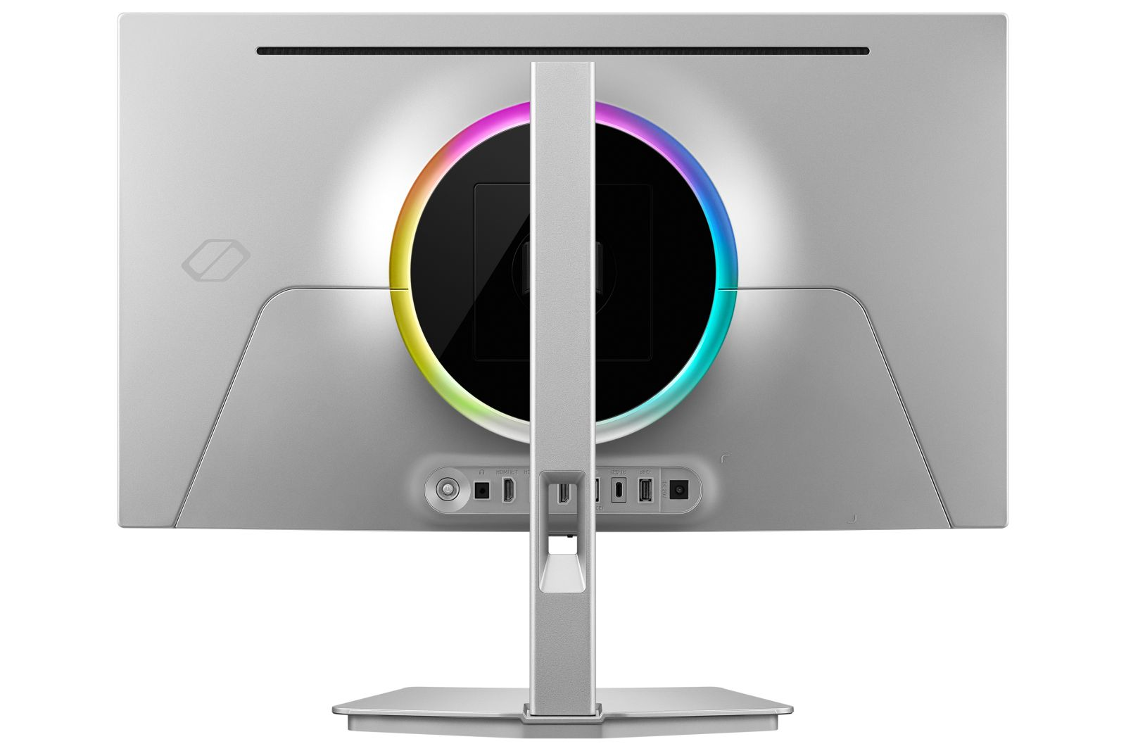 Vista posteriore di un monitor per computer argento con una luce ad anello RGB luminosa e un supporto centrale.