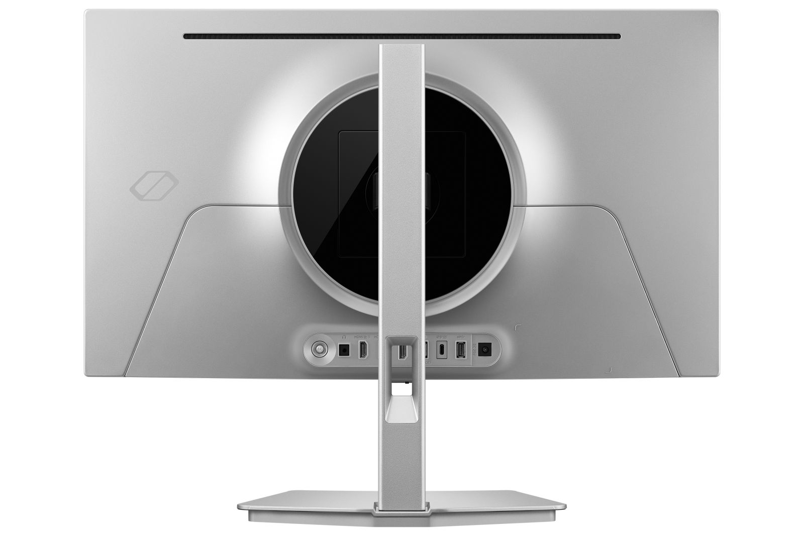 Vista posteriore di un monitor per computer argentato su supporto.
