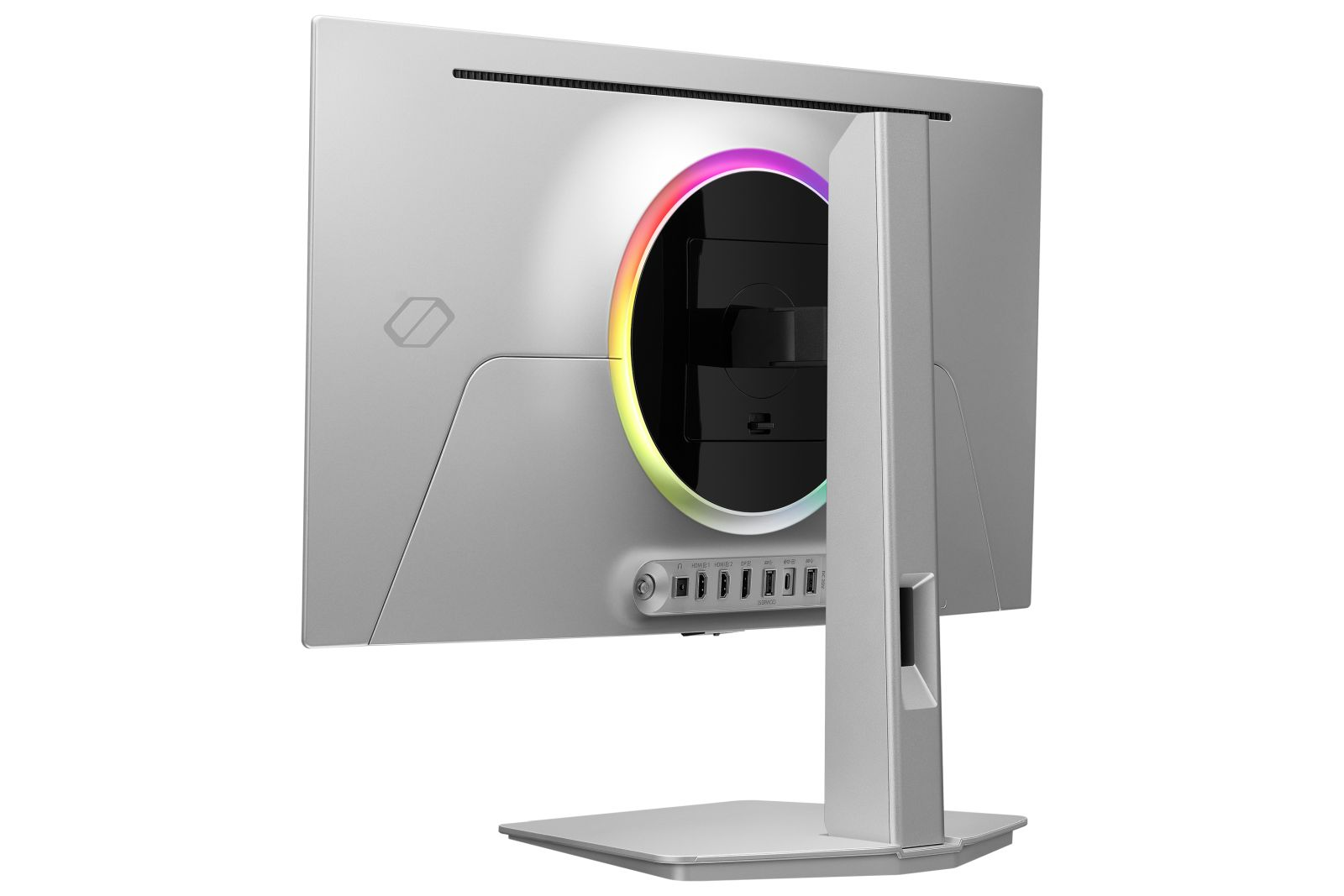 Retro di un monitor argentato con un anello luminoso RGB rotondo e porte nella parte inferiore su sfondo bianco.
