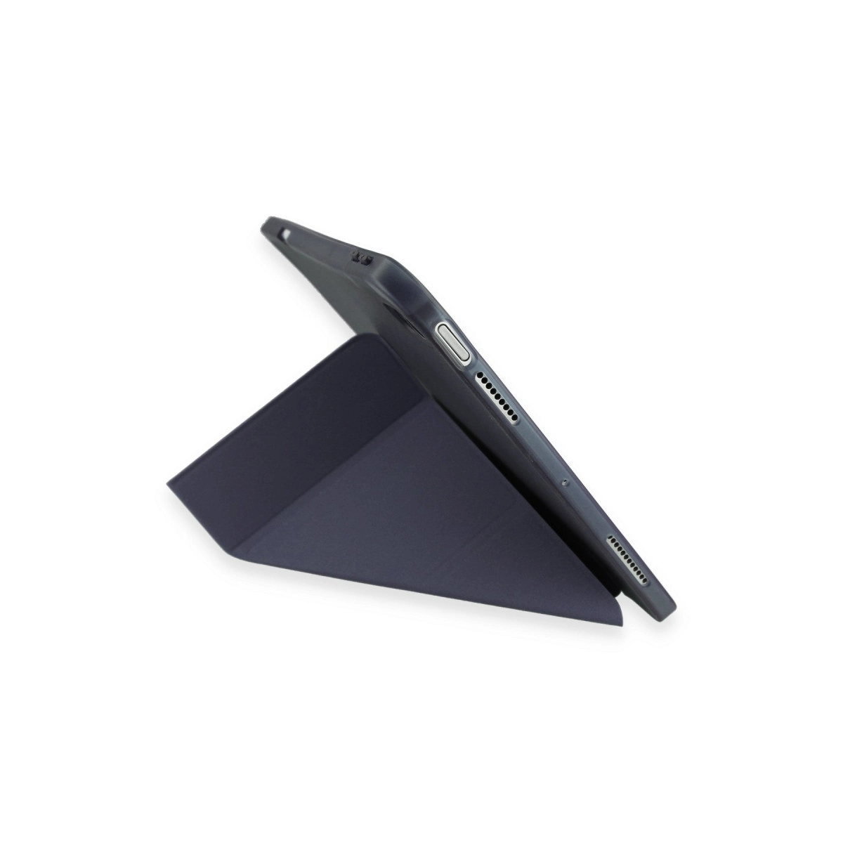 Beyaz arka planda üçgen katlanabilir stant üzerinde duran koyu gri bir tablet.