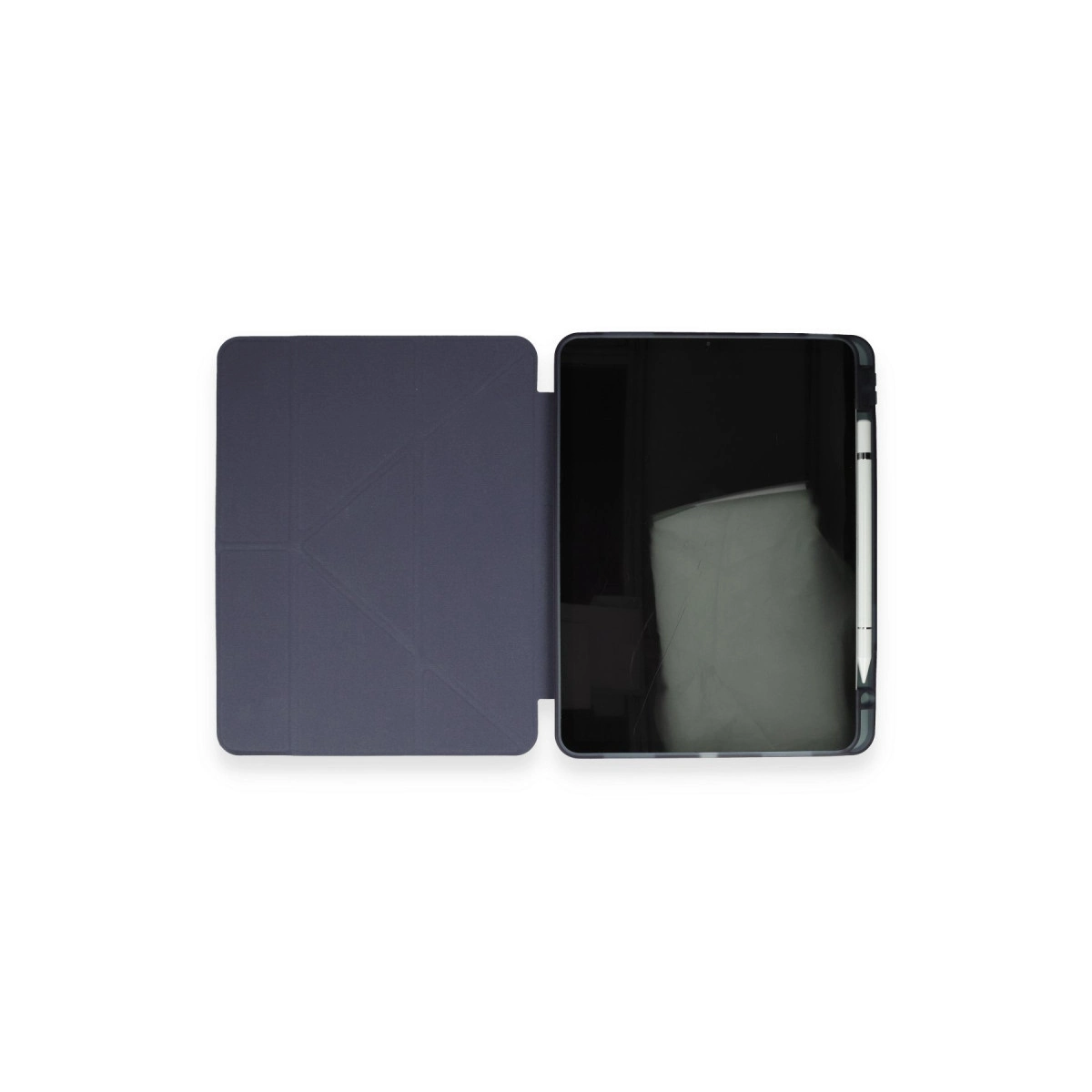 Beyaz arka planda koyu mavi koruyucu kılıfı ve yanında kalemi olan bir tablet.