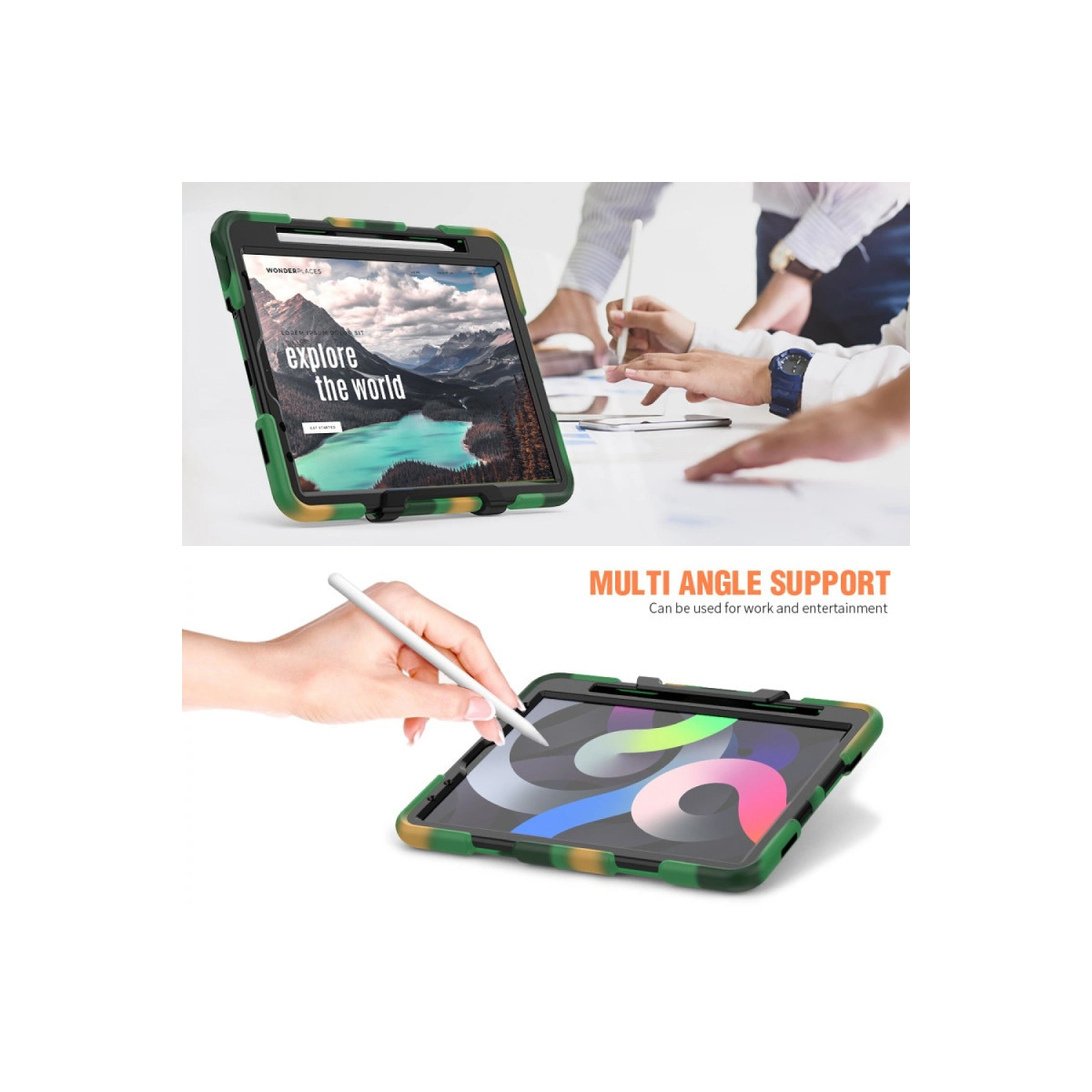 Kamuflaj kılıflı bir tablet masada dururken insanlar dijital kalemle çalışıyor.