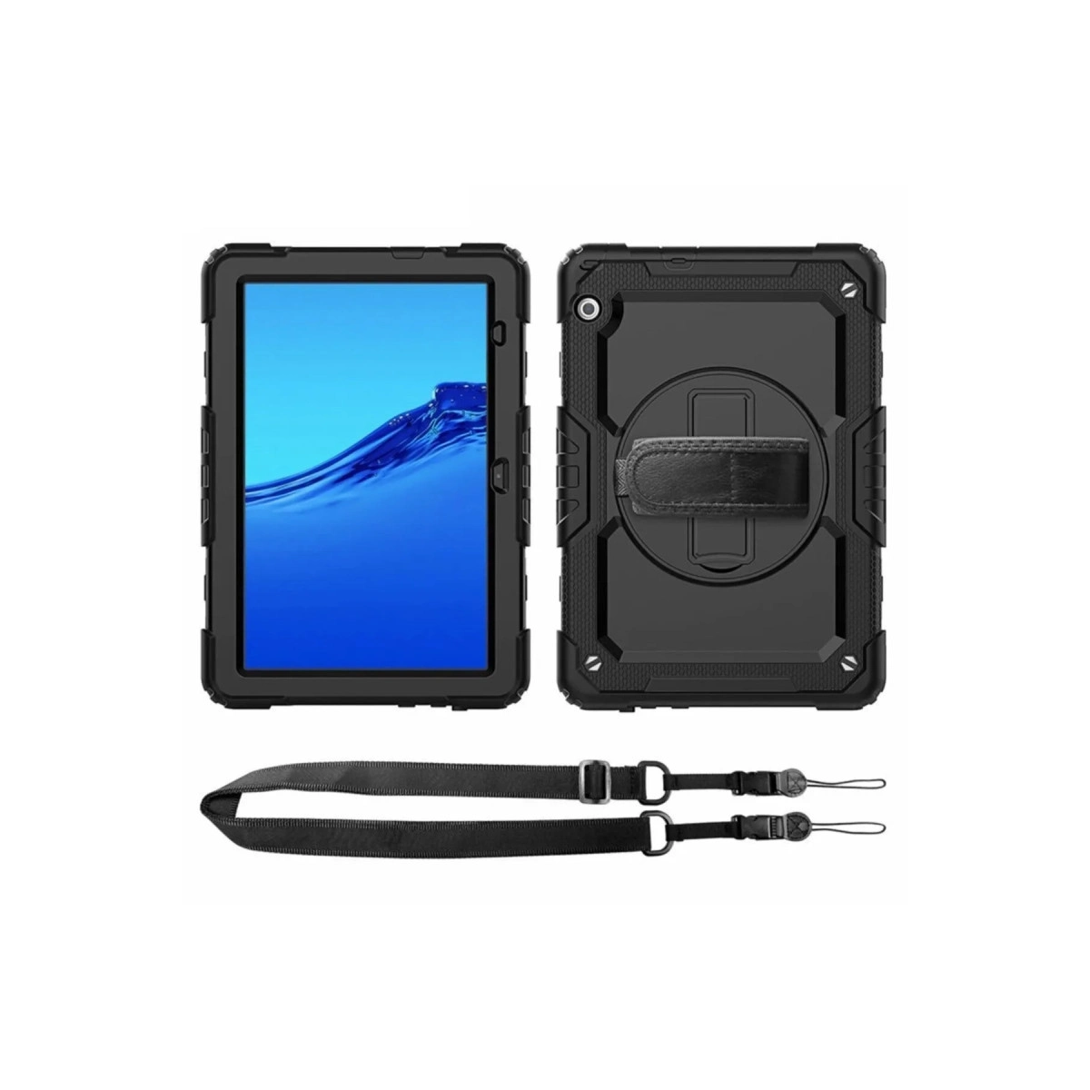 Askılı ve standlı siyah koruyucu tablet kılıfı.