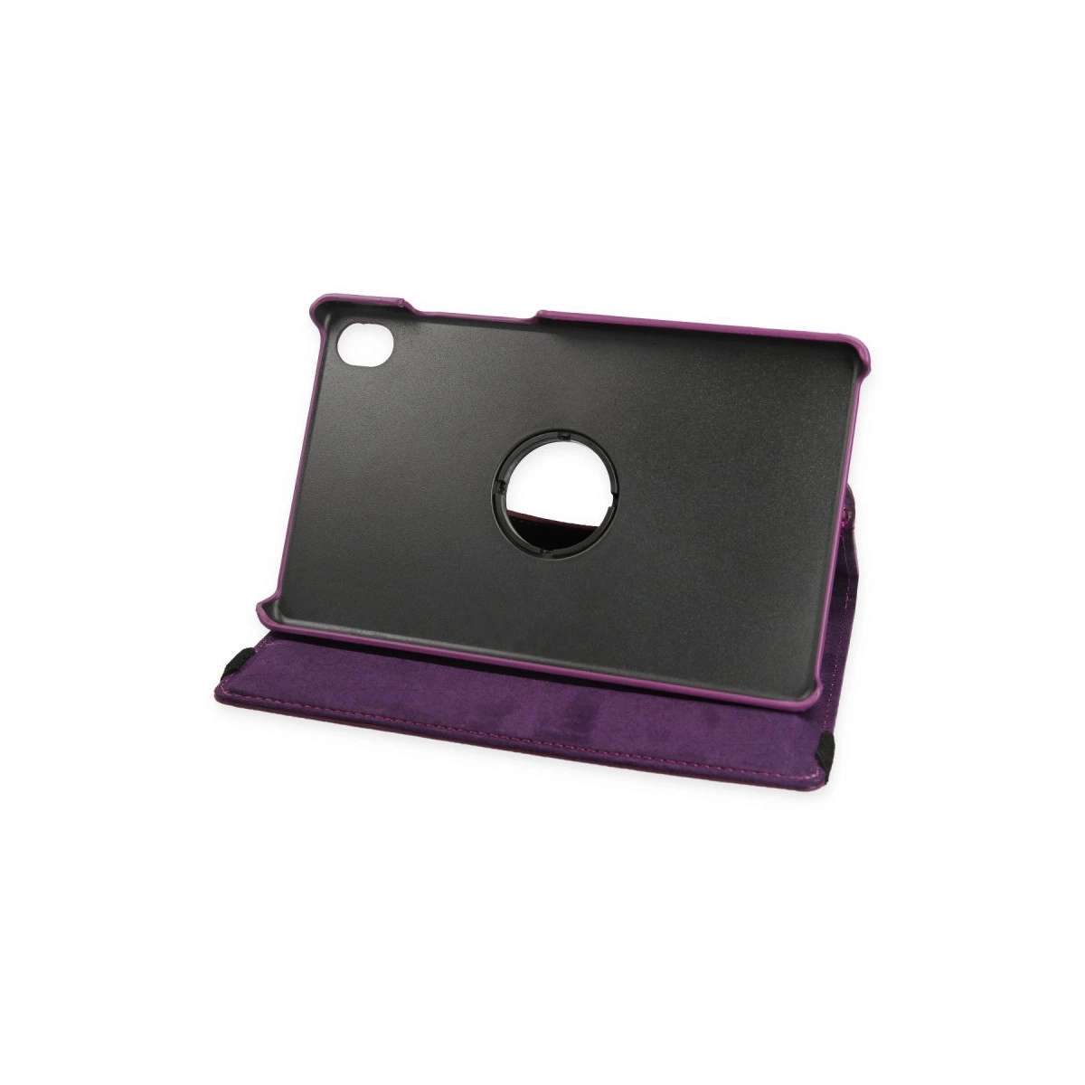 Siyah iç çerçeveli ve döner dairesel kesikli mor tablet kılıfı.