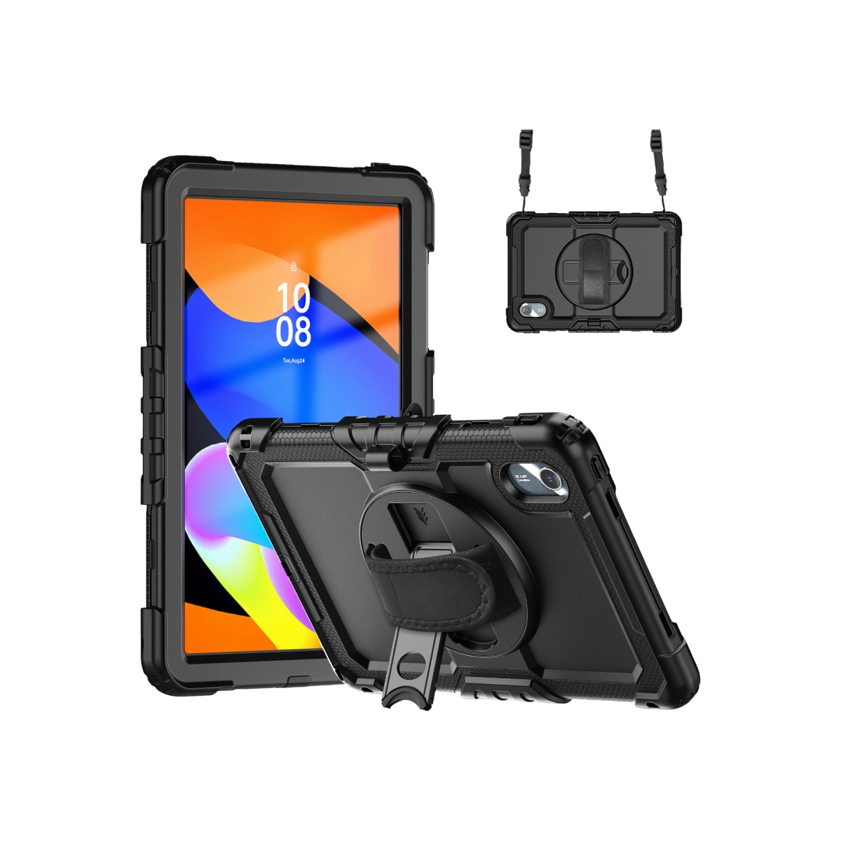 Siyah arka planda entegre ayaklığa, el kayışına ve taşıma kayışına sahip, sağlam koruyucu kılıf içindeki siyah tablet.