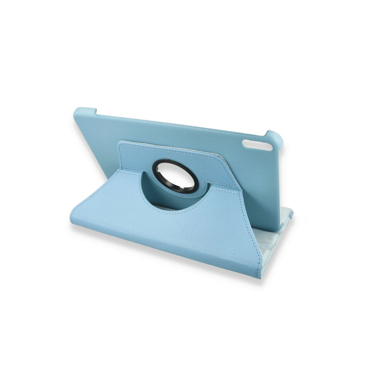 Entegre standlı ve siyah halkalı açık mavi tablet kılıfı.