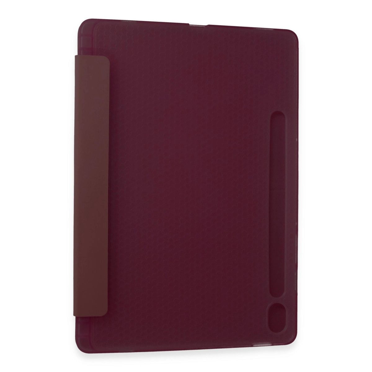 Beyaz arka planda petek desenli ve kalem tutuculu kapalı koyu kırmızı tablet kılıfı.