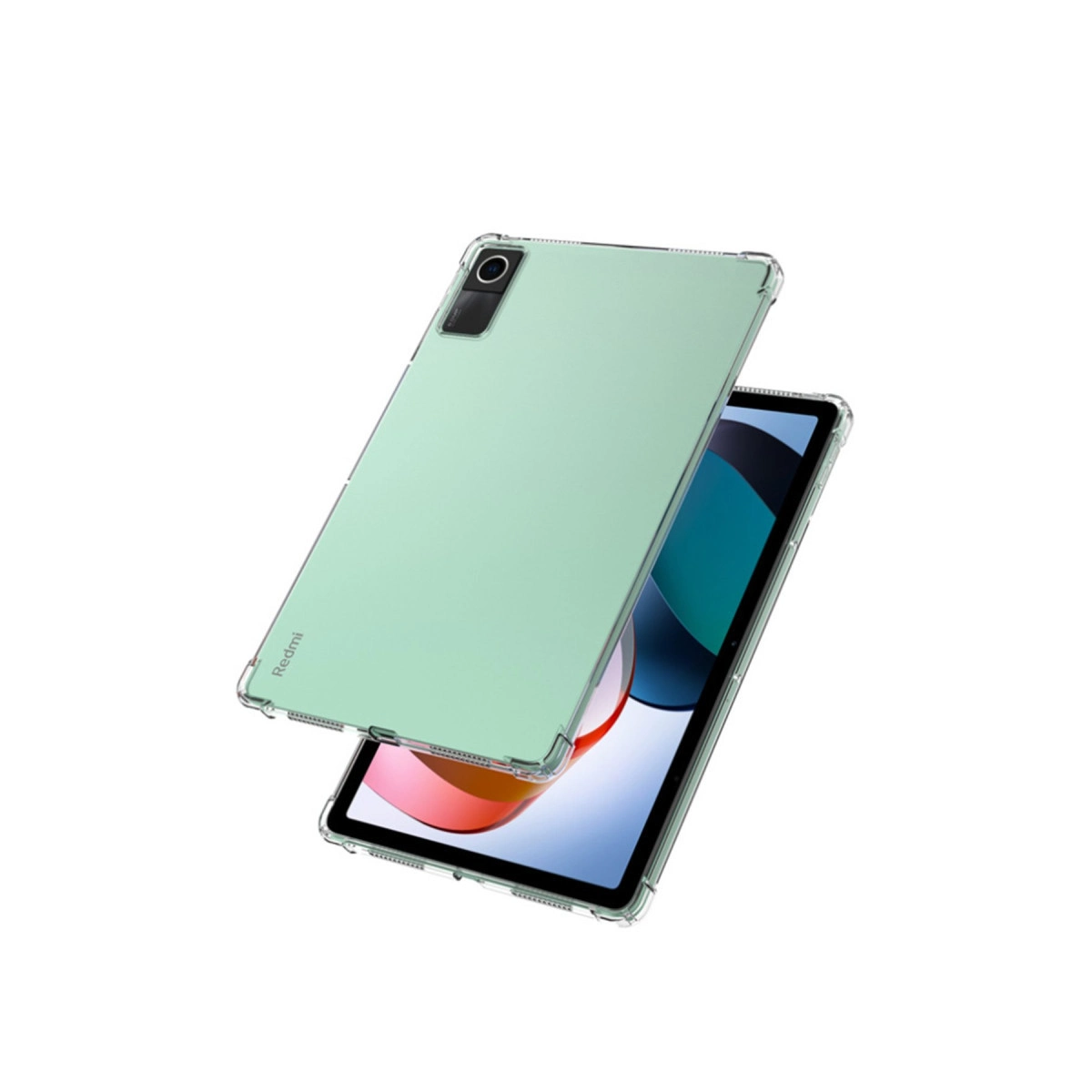 Şeffaf koruyucu kılıflı yeşil bir Redmi tablet beyaz arka planda süzülüyor.
