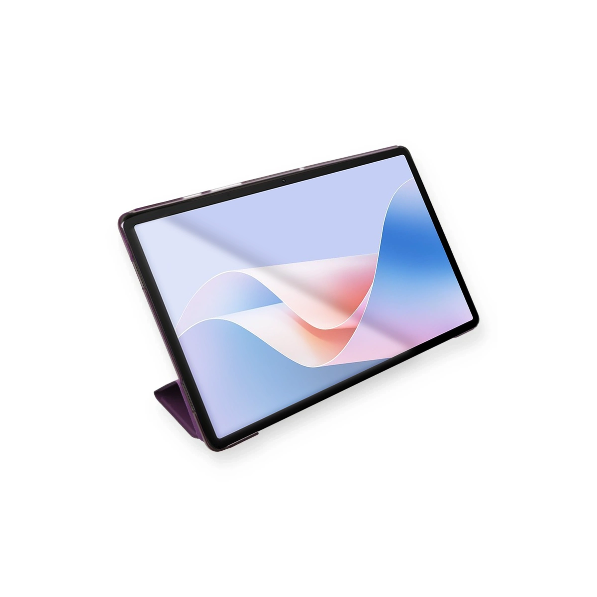 Beyaz arka plan üzerinde koruyucu kılıfın içinde dik duran mor renkli bir tablet bilgisayar.