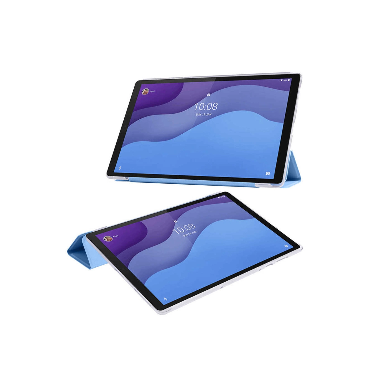Beyaz arka planda mavi kılıflı ve soyut mavi ekran arka planına sahip iki beyaz tablet.