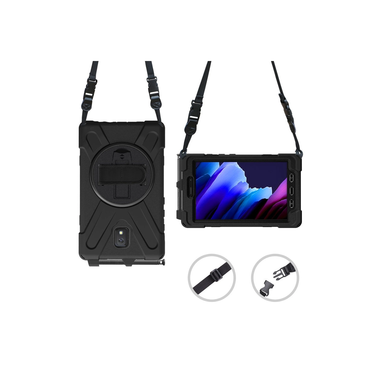 Bir tablet için omuz askılı ve standlı siyah koruyucu kılıf.