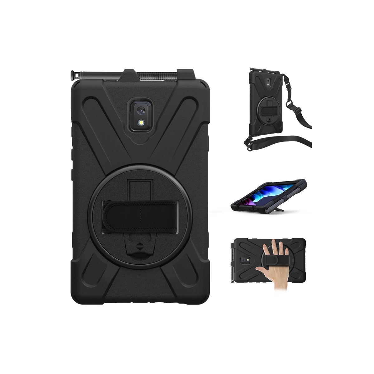 Stantlı ve kayışlı siyah koruyucu tablet kılıfı.