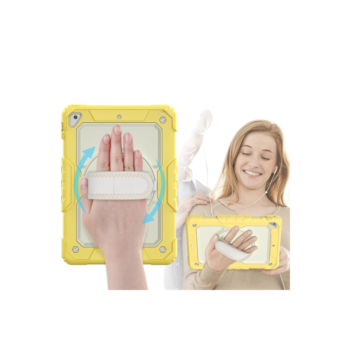 Bir kadın el kayışlı sarı bir tablet tutarken arka planda bir adam gülümsüyor.