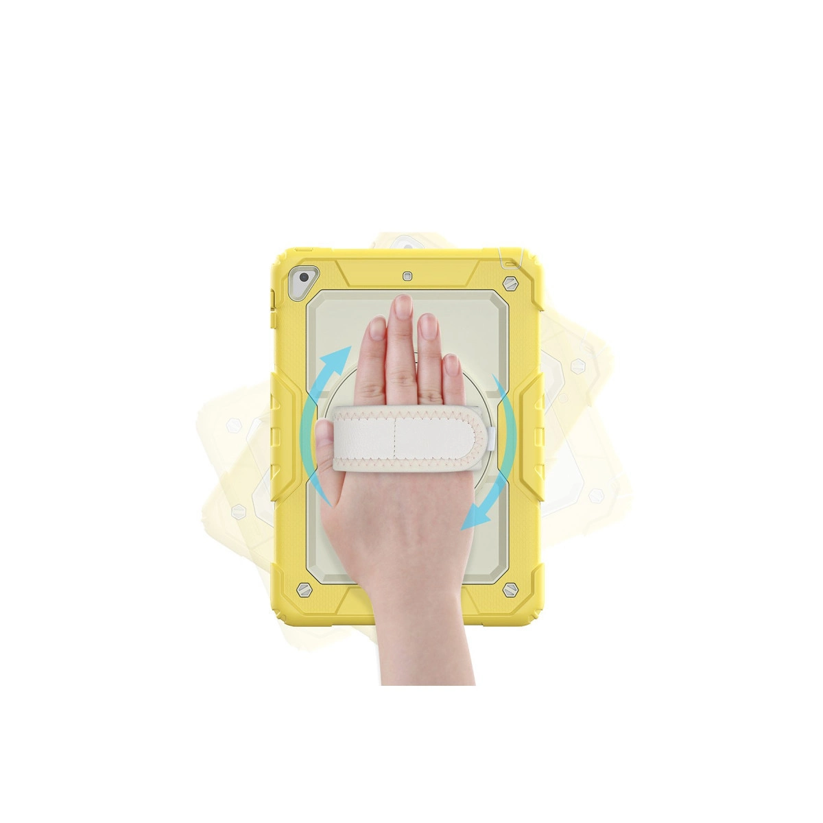 Bir el, dönen kayışlı sarı bir tablet kılıfı tutuyor.