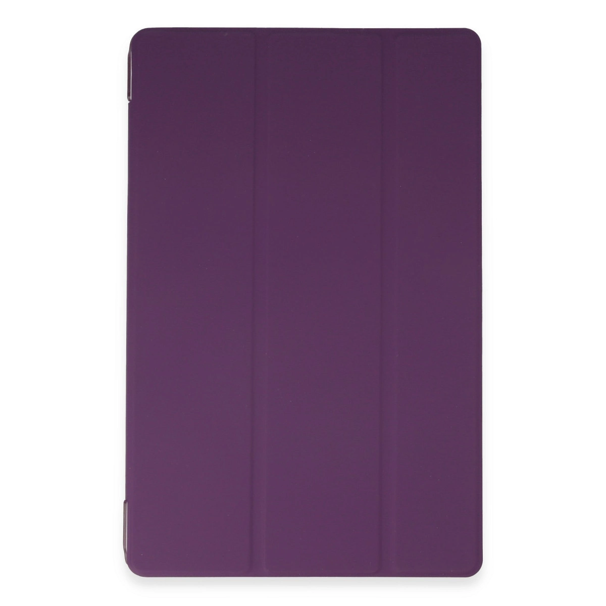 Beyaz arka planda üçlü katlanır tasarıma sahip kapalı, koyu mor tablet kılıfı.