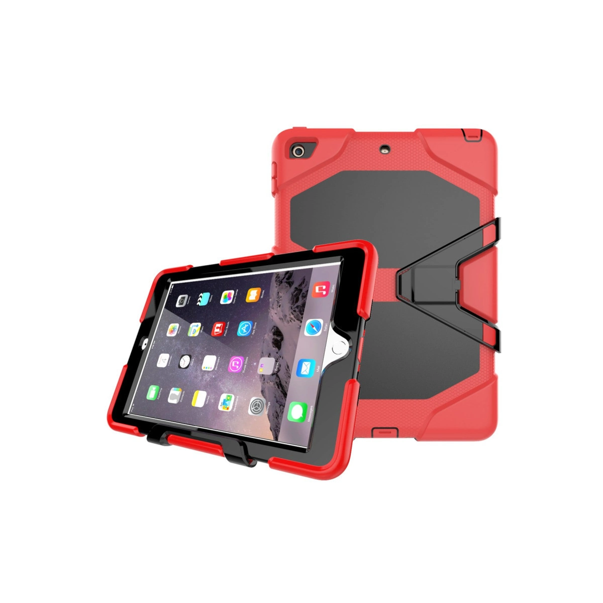 Kırmızı ve siyah koruyucu kılıf içindeki bir tablet, beyaz arka planda ön ve arka yüzüyle gösterilmektedir.