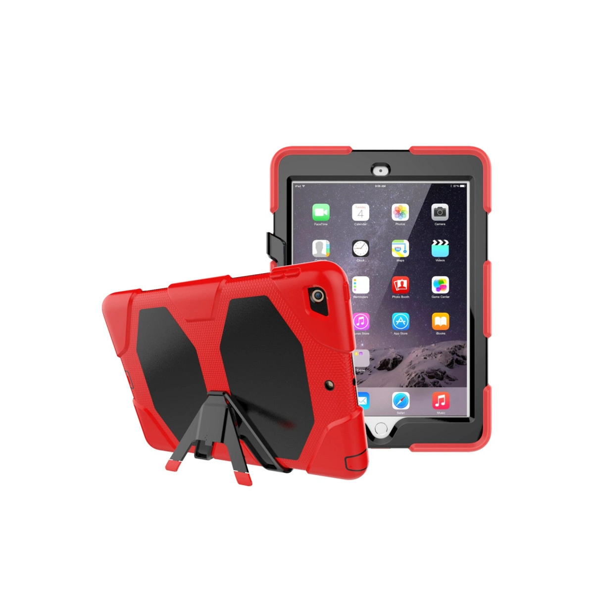 Kırmızı ve siyah koruyucu kılıflı siyah tablet, ön ekranı ve destek çubuklu arkası görünüyor.