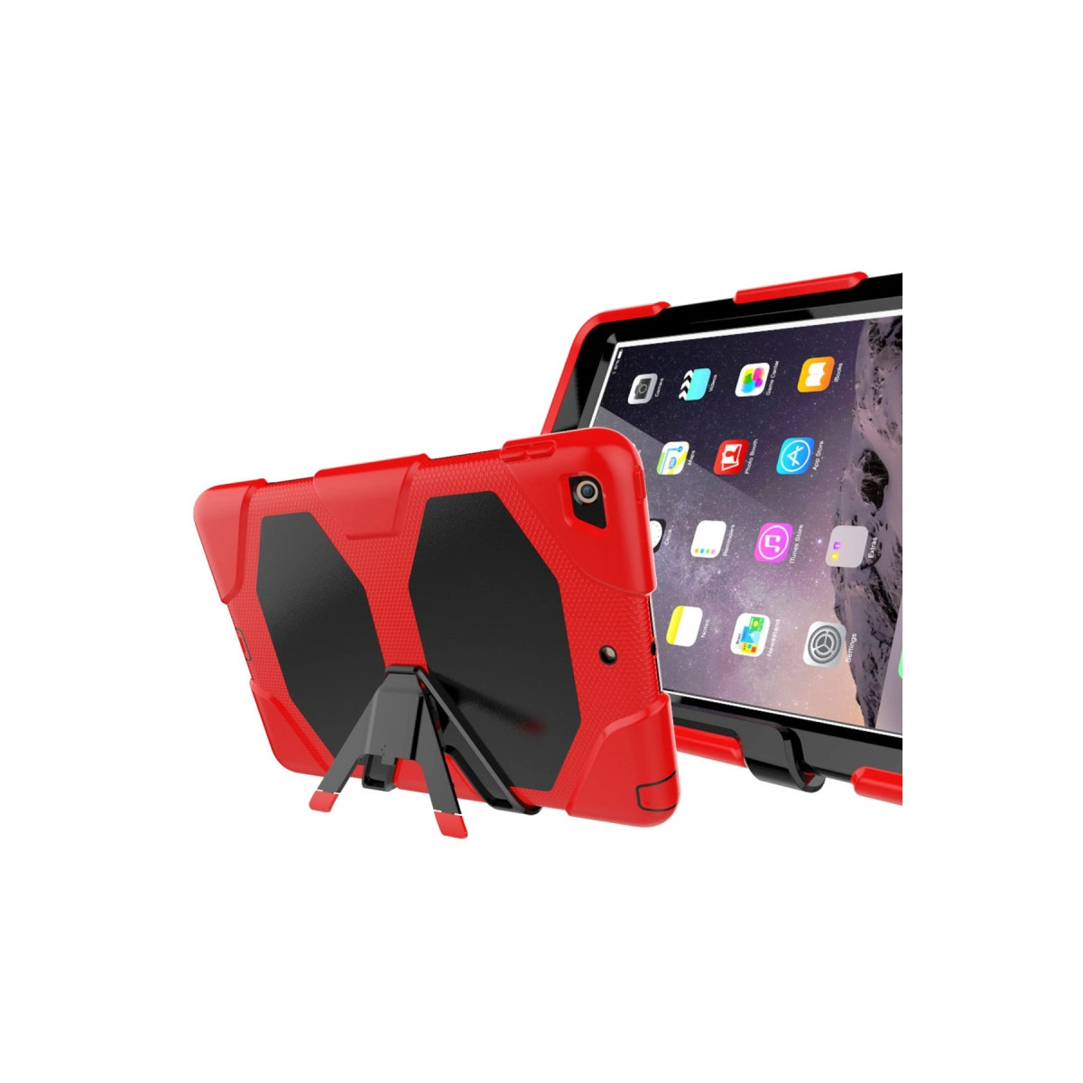 Beyaz arka planda entegre ayaklı, kırmızı ve siyah dayanıklı bir tablet kılıfı.