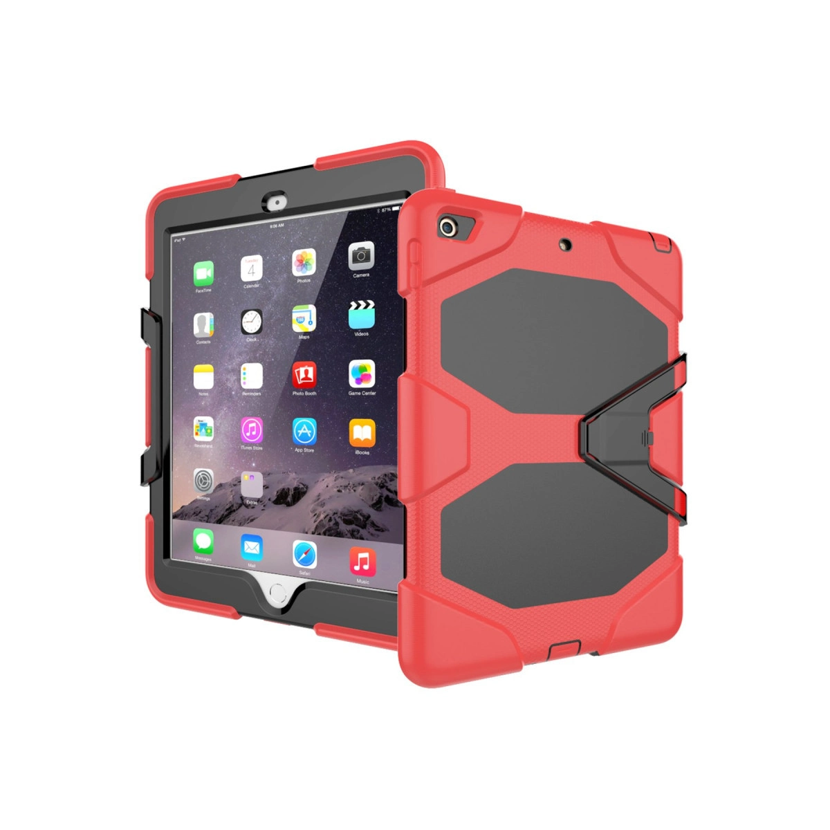 Kırmızı ve siyah koruyucu kılıf içindeki bir tablet, ekransız ön ve arka yüzüyle gösteriliyor.