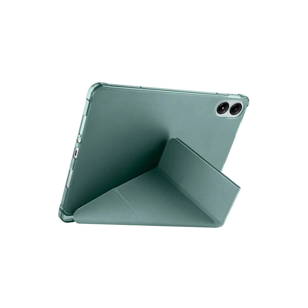 Beyaz arka planda yerleşik bir stantla açılı olarak duran koruyucu kılıf içindeki yeşil tablet.