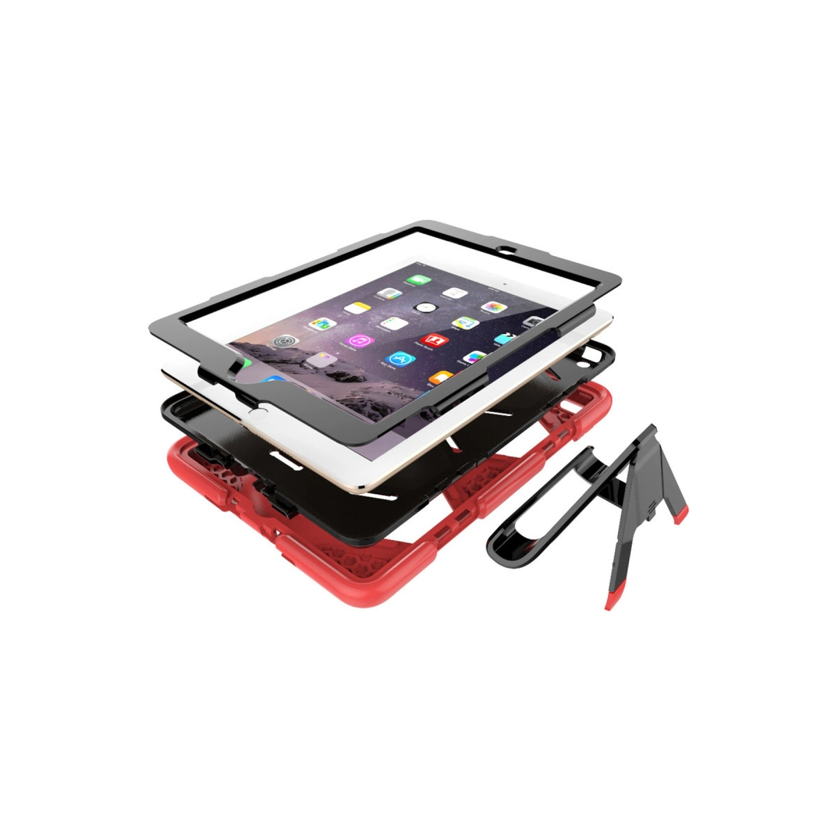 Beyaz arka planda çıkarılabilir standlı, kırmızı ve siyah koruyucu kılıf içindeki tabletin parçalanmış görünümü.