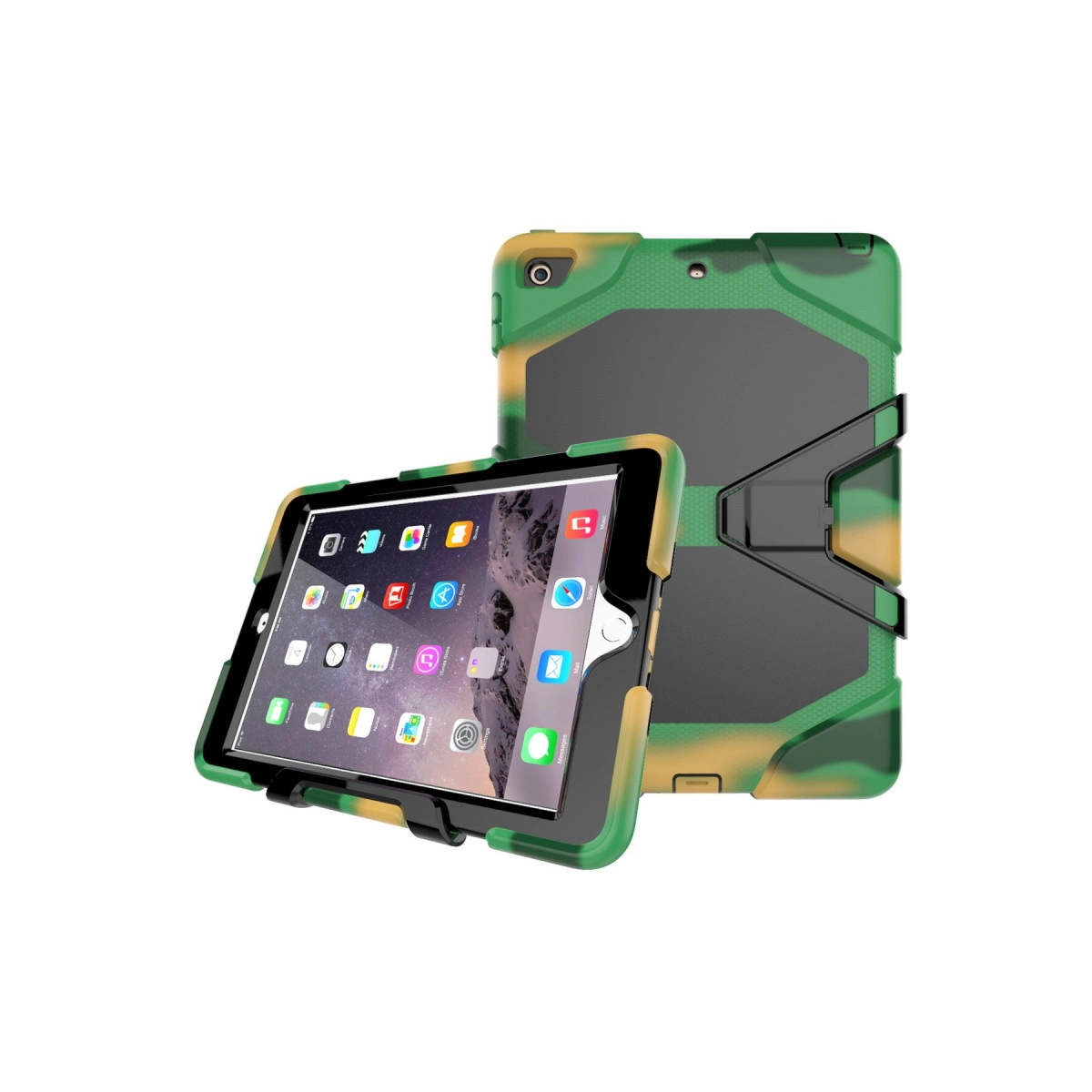 Yeşil ve kahverengi kamuflaj koruyucu kılıf içindeki tablet, ön ekranı ve arka standı gösteriyor.