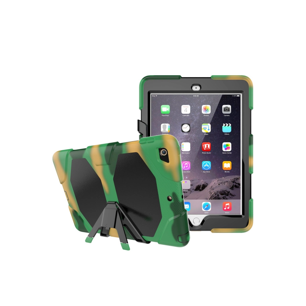 Ön ve arka görünümüyle, siyah destekli yeşil ve kahverengi kamuflaj kılıflı bir tablet.