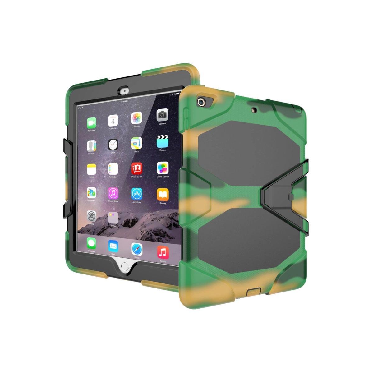 Beyaz arka planda yeşil kamuflaj desenli sağlam koruyucu kılıf ve entegre stand içeren bir tablet.