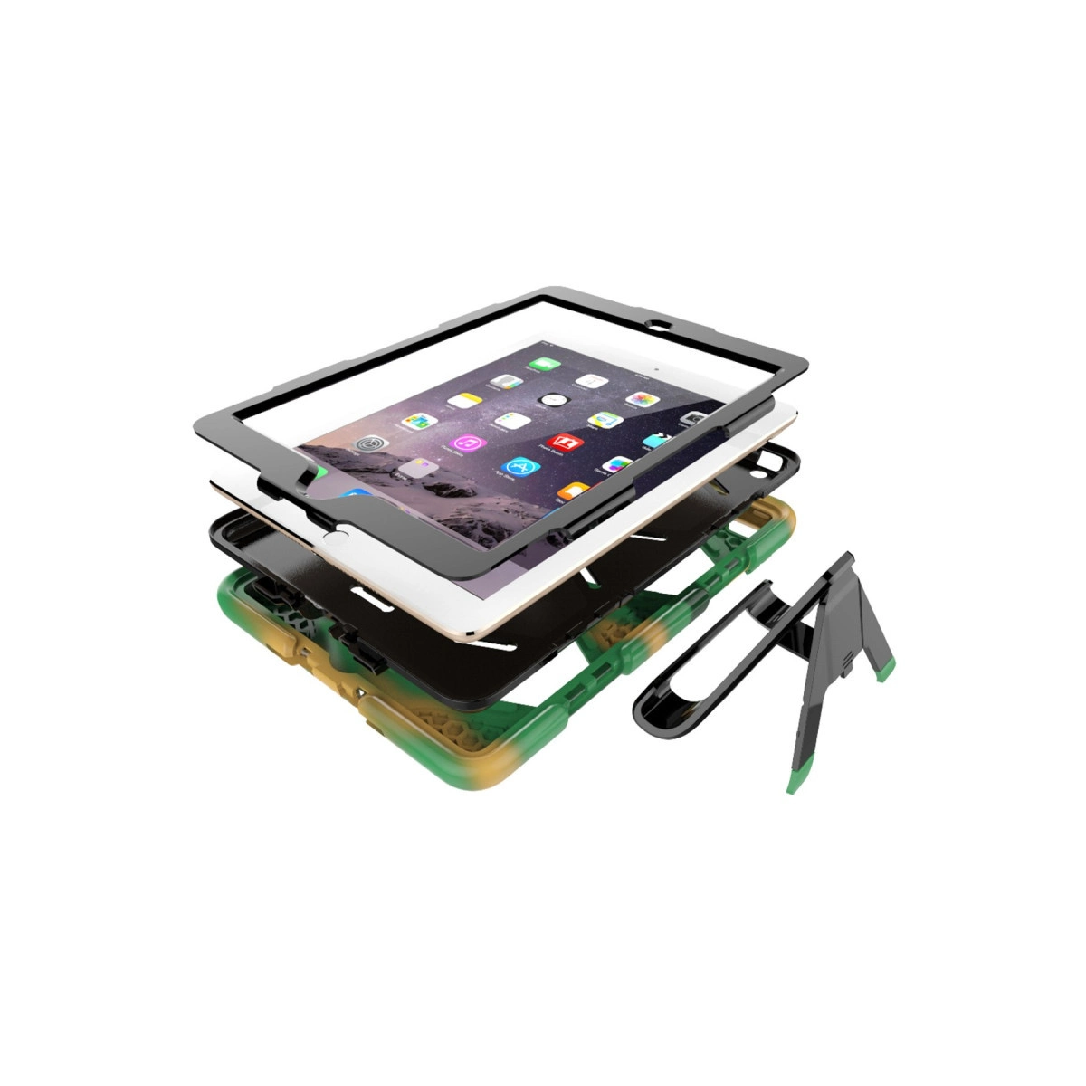 Koruyucu çerçeve, iç gövde, yeşil silikon kılıf ve ayrı standı gösteren iPad kılıfının patlatılmış görünümü.