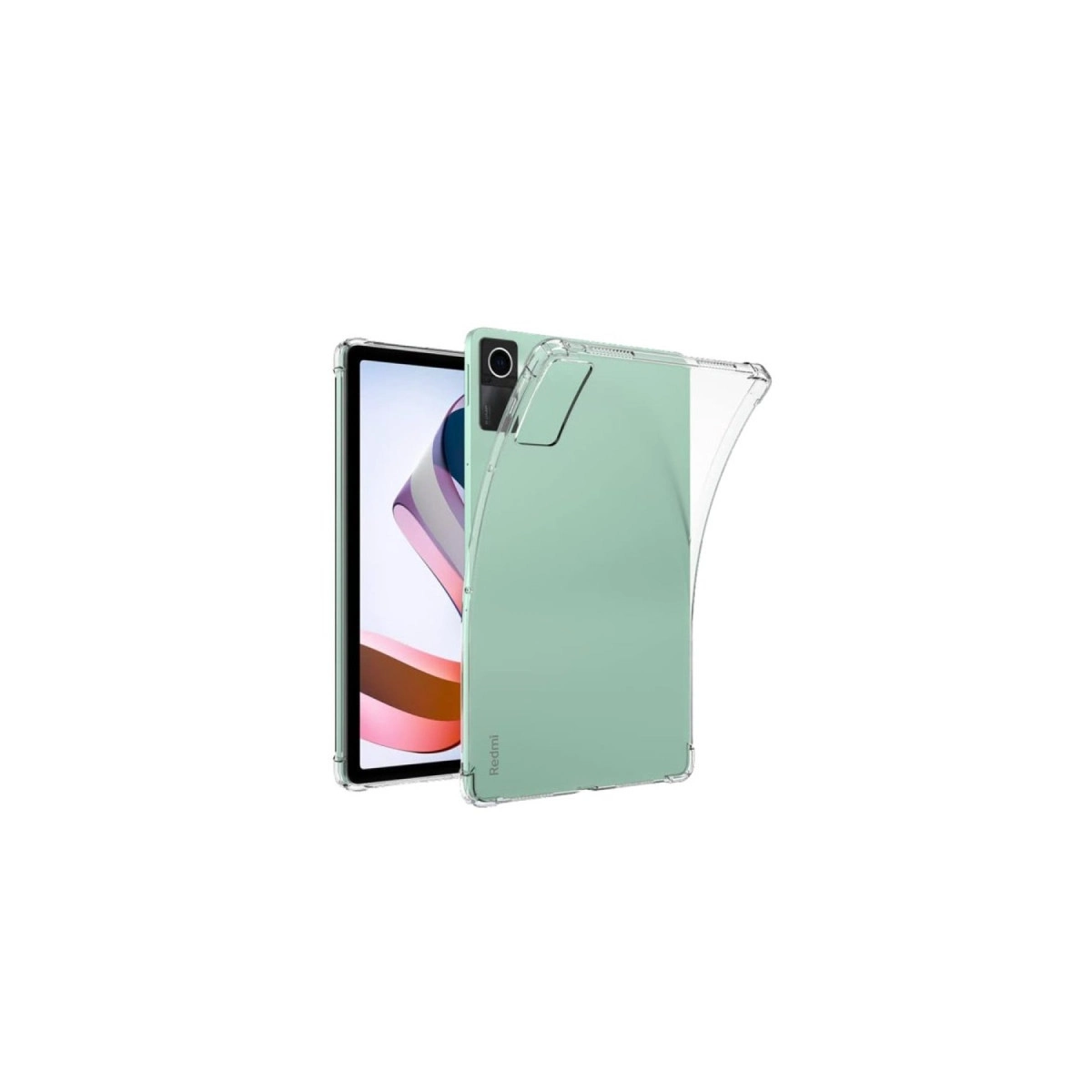 Şeffaf koruma kılıflı yeşil bir Xiaomi tablet.