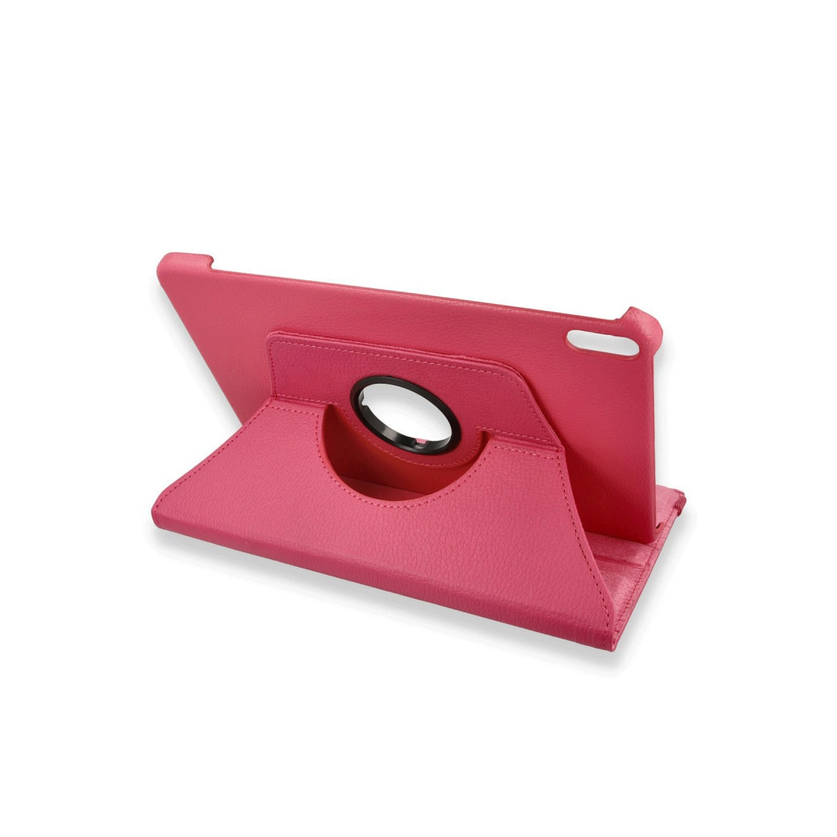 Beyaz arka planda entegre standlı pembe bir tablet kılıfı.