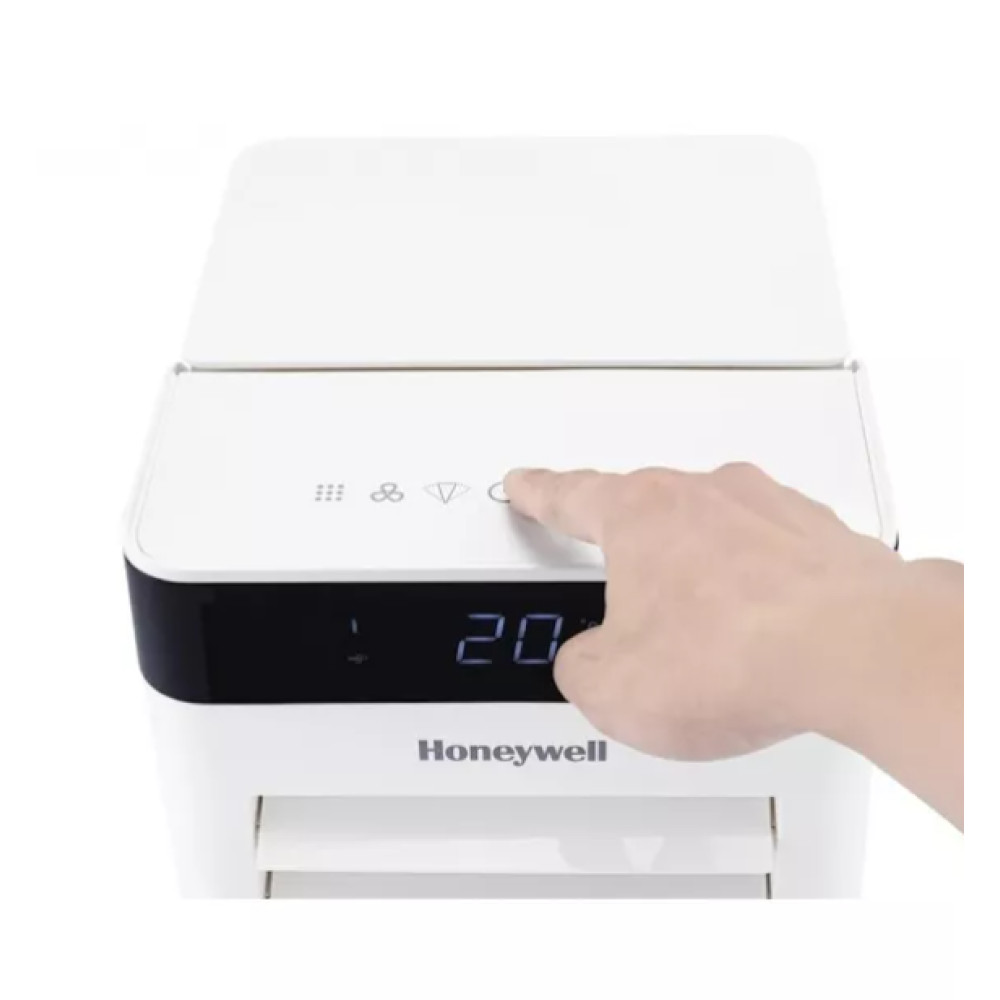 Ręka obsługuje dotykowy panel sterowania białego urządzenia Honeywell.