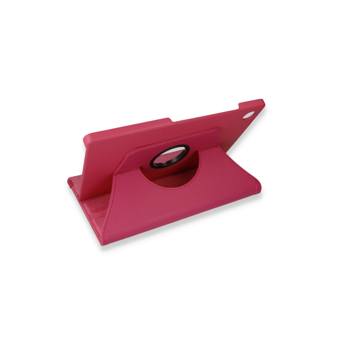 Beyaz arka planda dik duran pembe deri tablet kılıfı, entegre standa ve dairesel logo kesimine sahiptir.