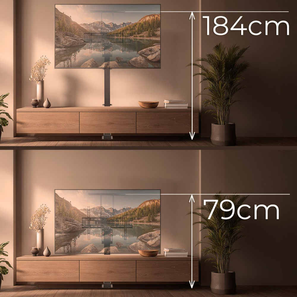 Dwa obrazy przedstawiają telewizor na stojaku na wysokości 184 cm u góry i 79 cm na dole.