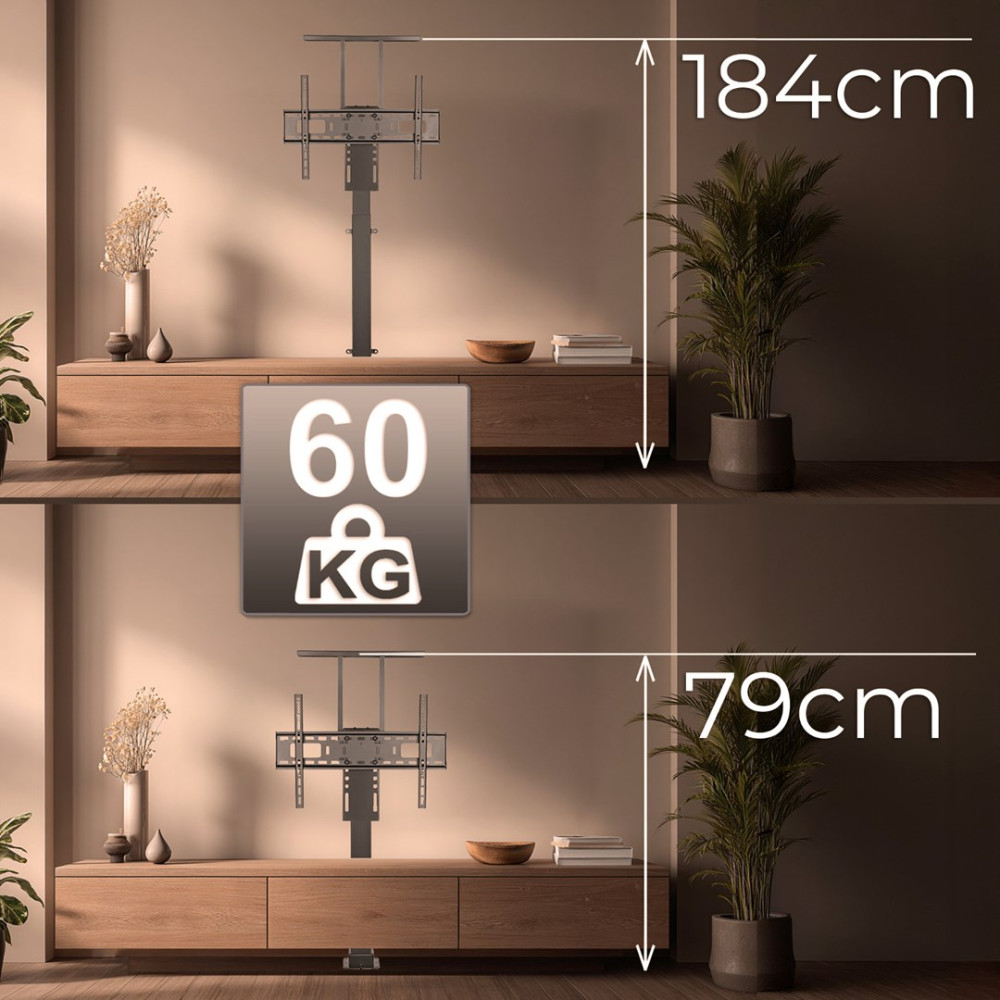 Uchwyt do TV na wysokości 184 cm i 79 cm, udźwig do 60 kg, w salonie.