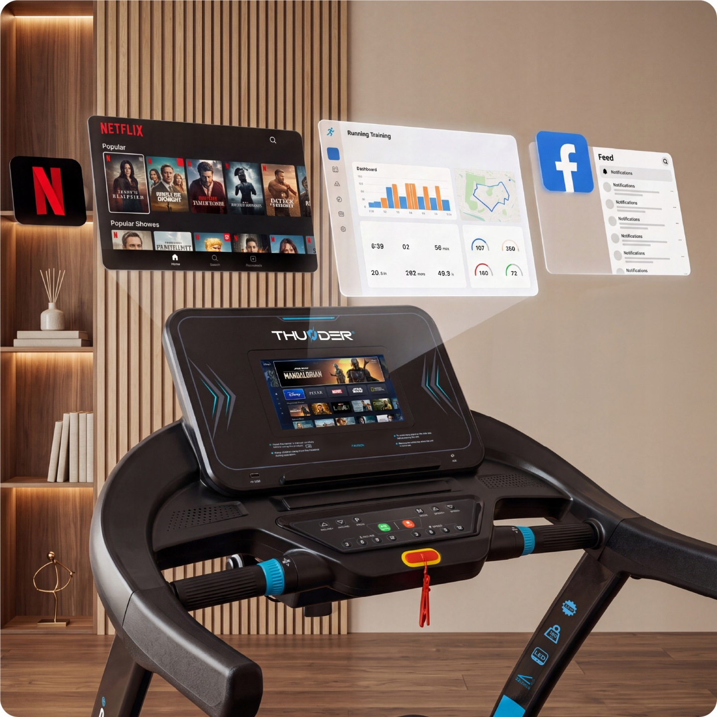 Nowoczesna bieżnia w pokoju z drewnianymi panelami, wyświetlająca wirtualne ekrany Netflixa, treningu biegowego i Facebooka.