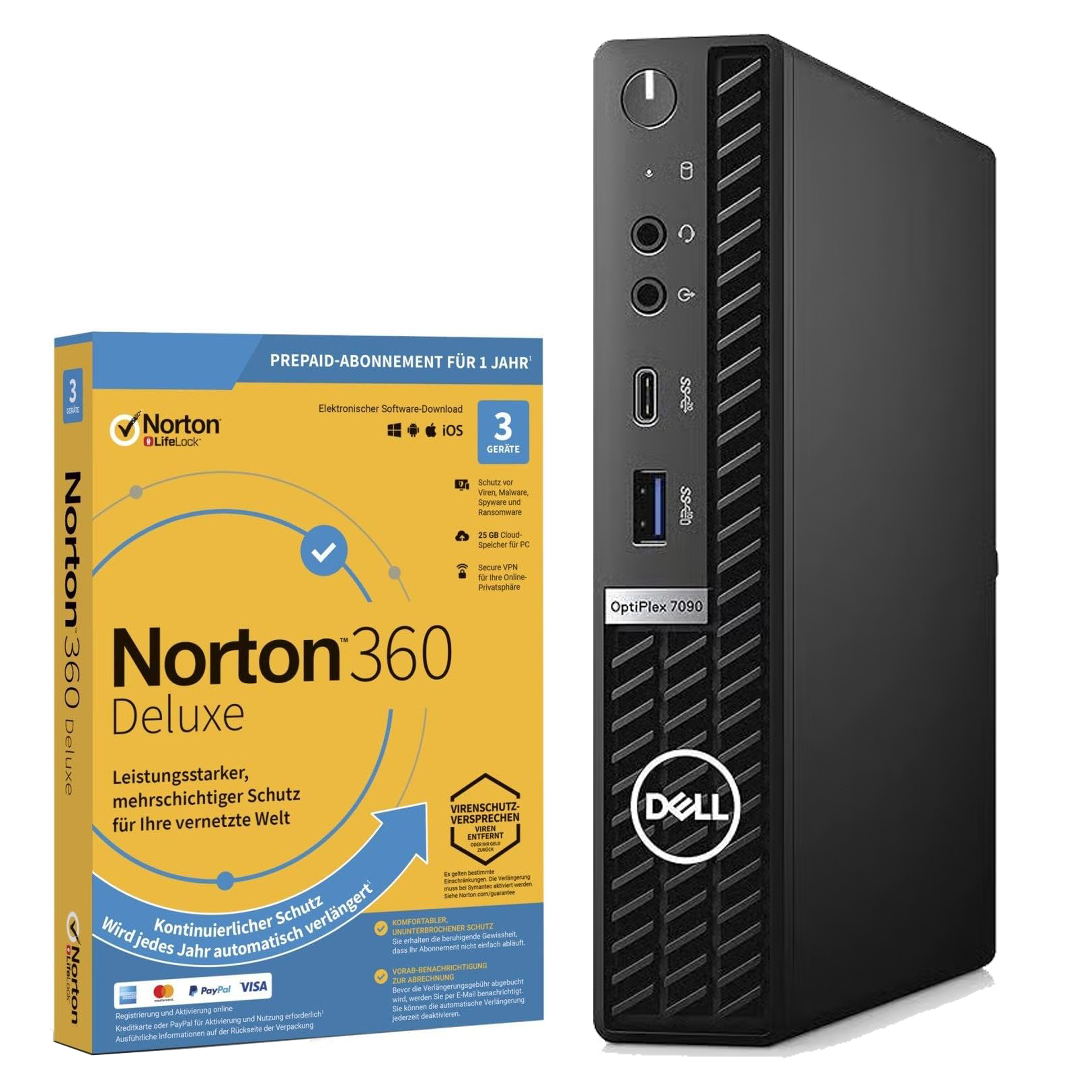 Czarny komputer stacjonarny Dell OptiPlex 7090 obok pudełka z oprogramowaniem Norton 360 Deluxe.