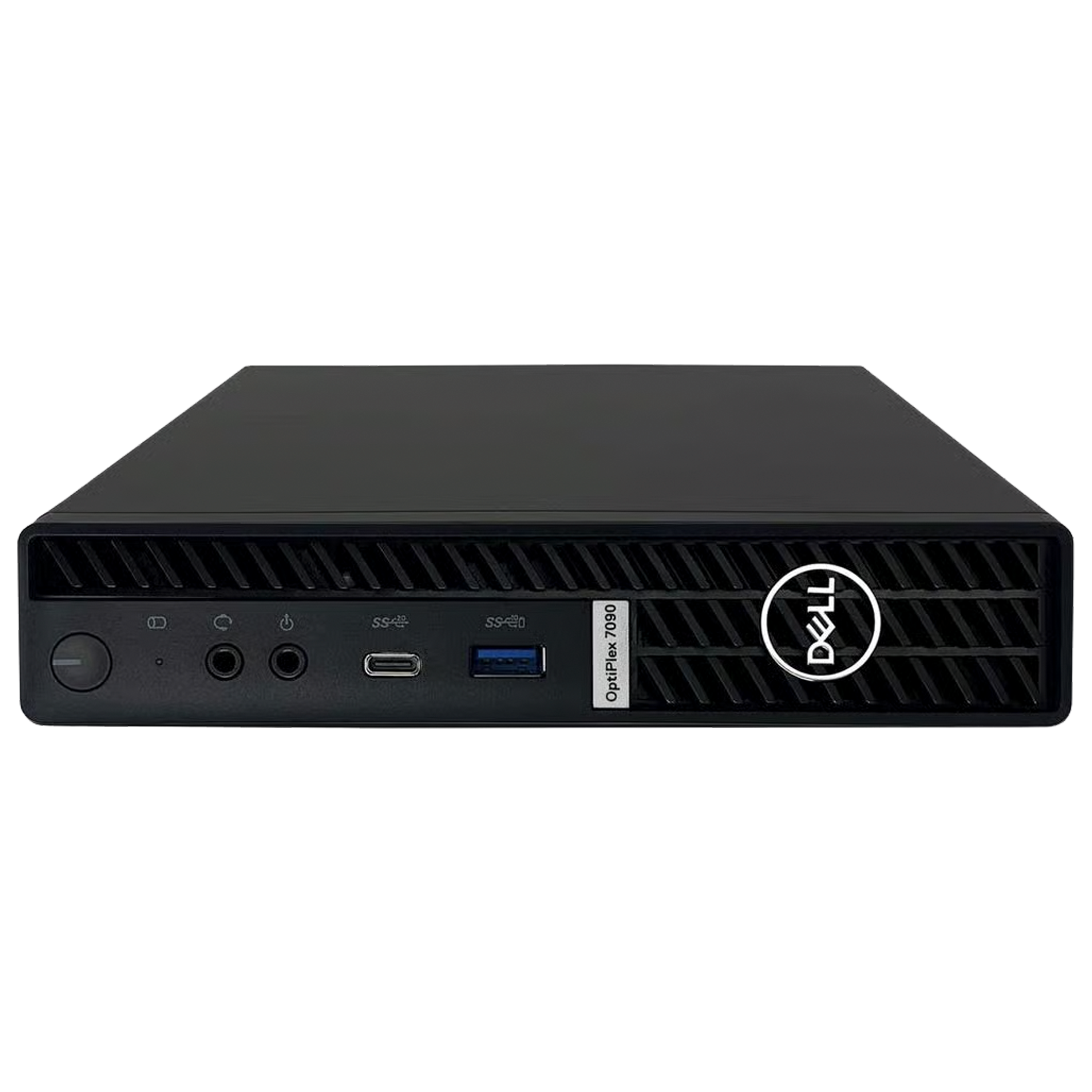 Widok z przodu czarnego komputera stacjonarnego Dell OptiPlex 7090 z portami, przyciskiem zasilania i logo Dell.