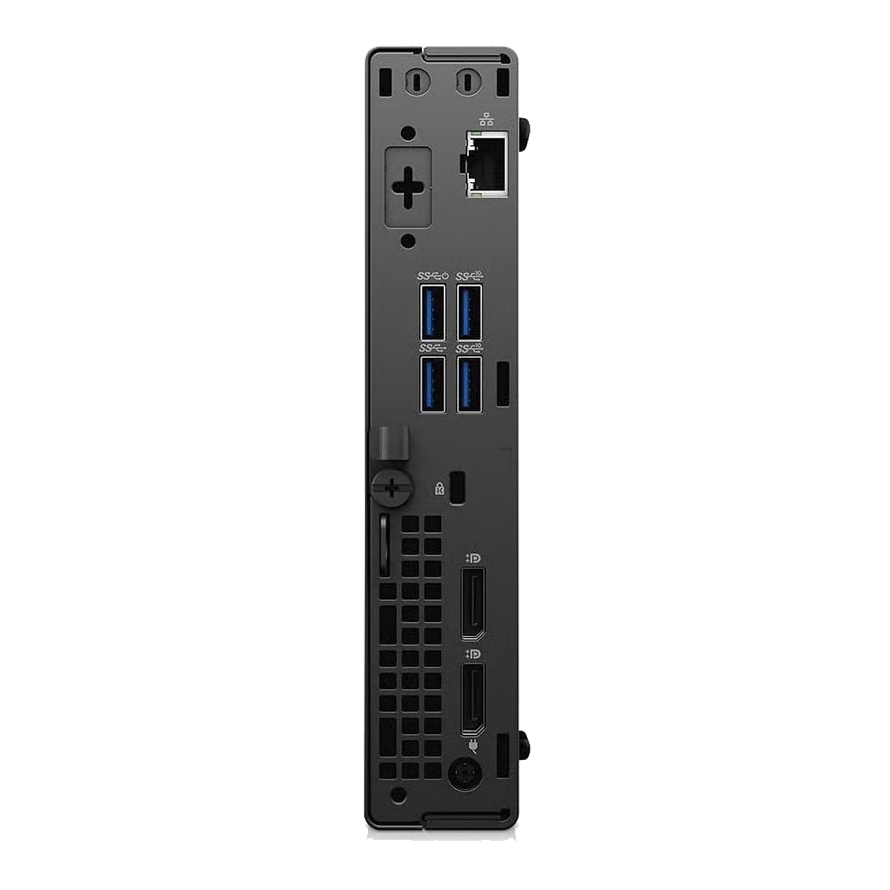 Tylny panel czarnego mini PC z portami USB, Ethernet i wyjściami wideo.
