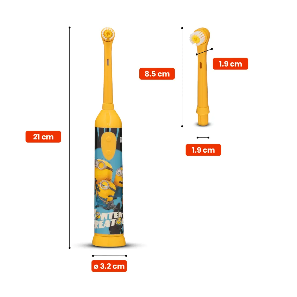 Żółta szczoteczka elektryczna z Minionkami, o wysokości 21 cm i średnicy podstawy 3,2 cm.
