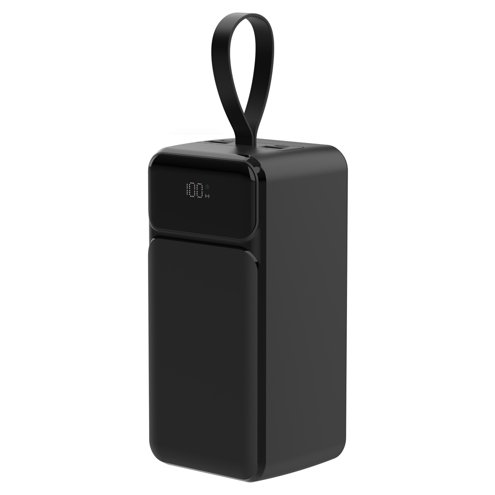 Czarny power bank z wyświetlaczem, rączką i portami ładowania.